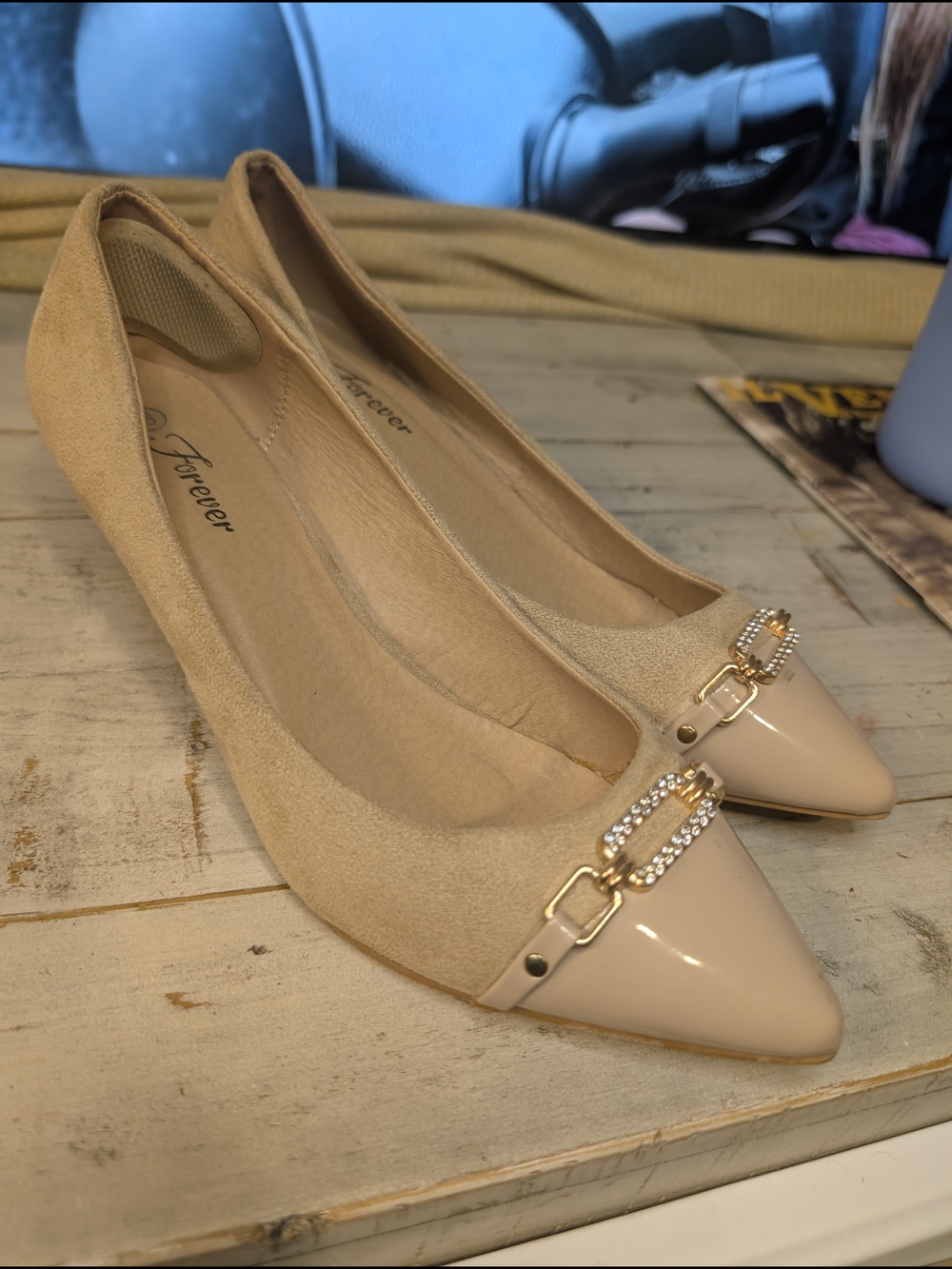 Forever Beige Pointed Toe Flats with Rhinestone Buckle